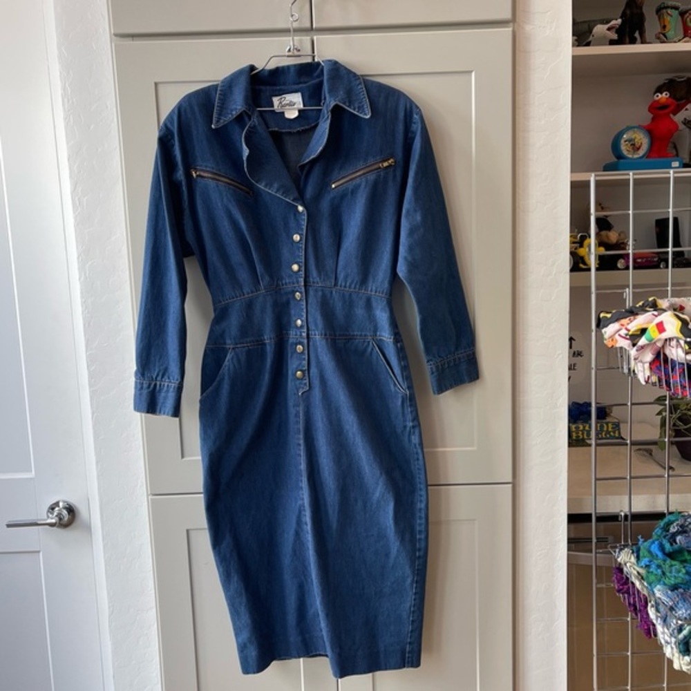 Vintage John Ranta Womens 8 Indigo Chambray Denim Longsleeve Button Down  Dress